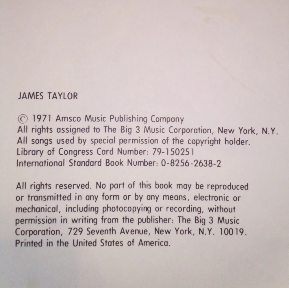James Taylor Vintage 1971 Big 3 Music Corp. Paperback Songbook